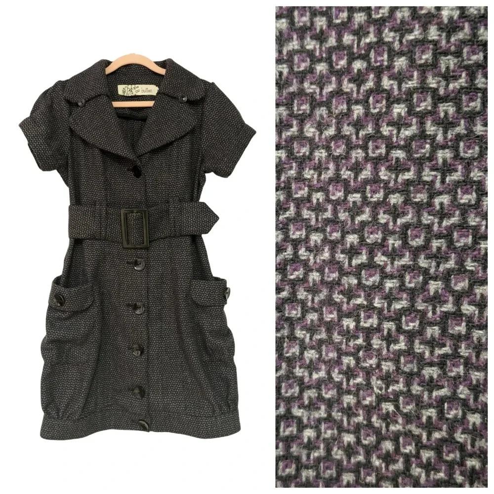 CLEARANCE//Button Wool  Blend Puff Sleeve Belted Y2K Dress